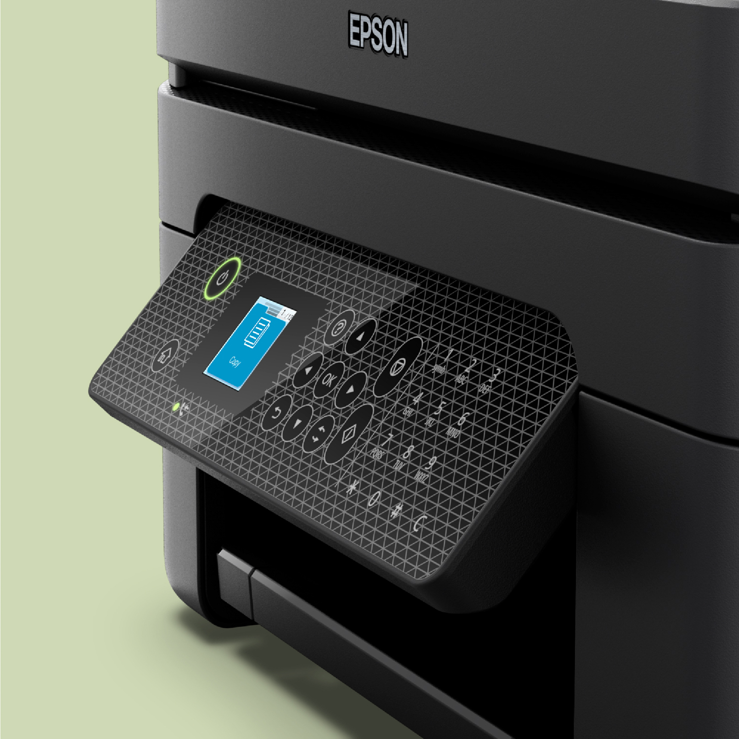 Stampante Epson nera, vista angolata del pannello di controllo con schermo e pulsanti.