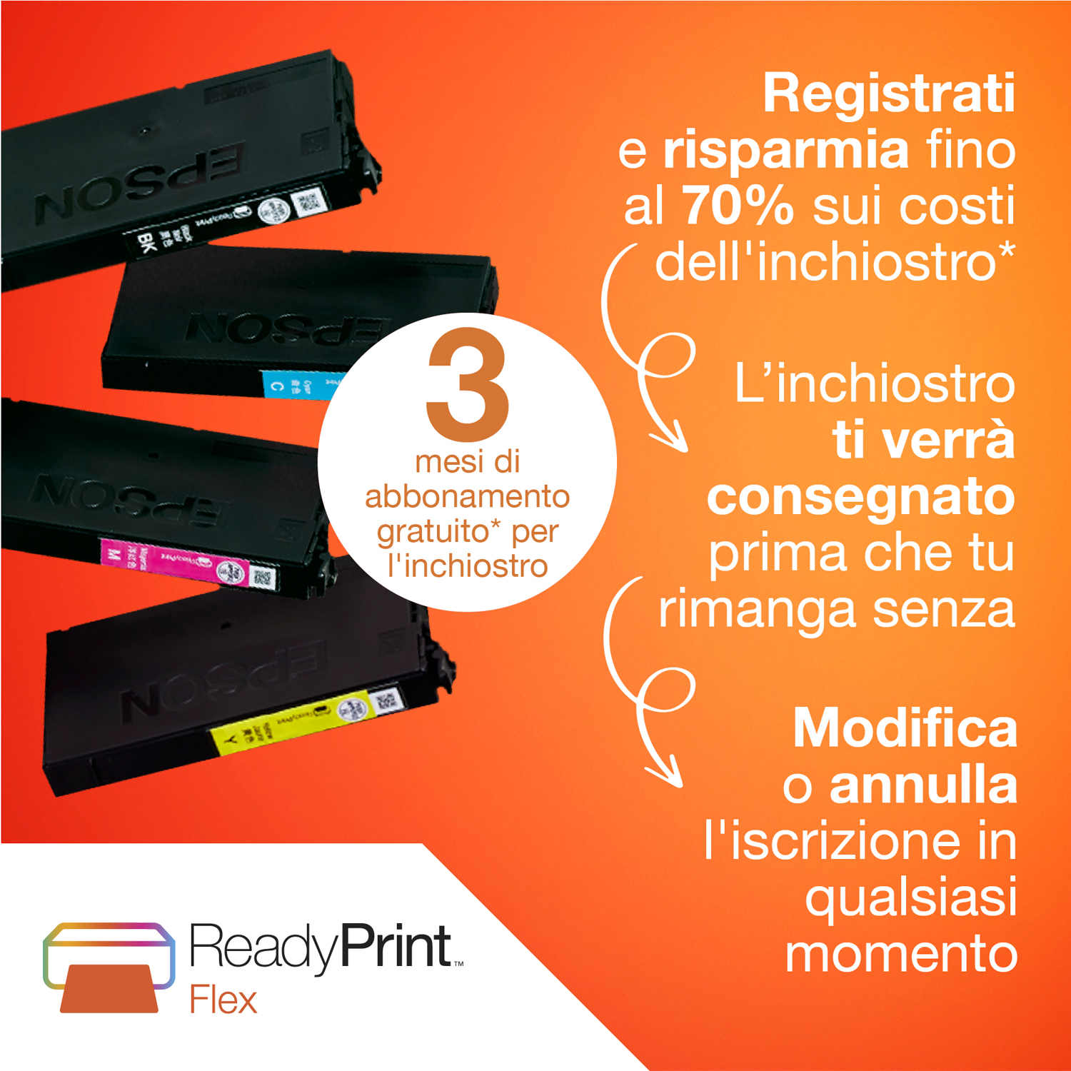 Cartucce d'inchiostro e testo promozionale. Mostra diverse cartucce d'inchiostro con un'offerta di testo su sfondo arancione.
