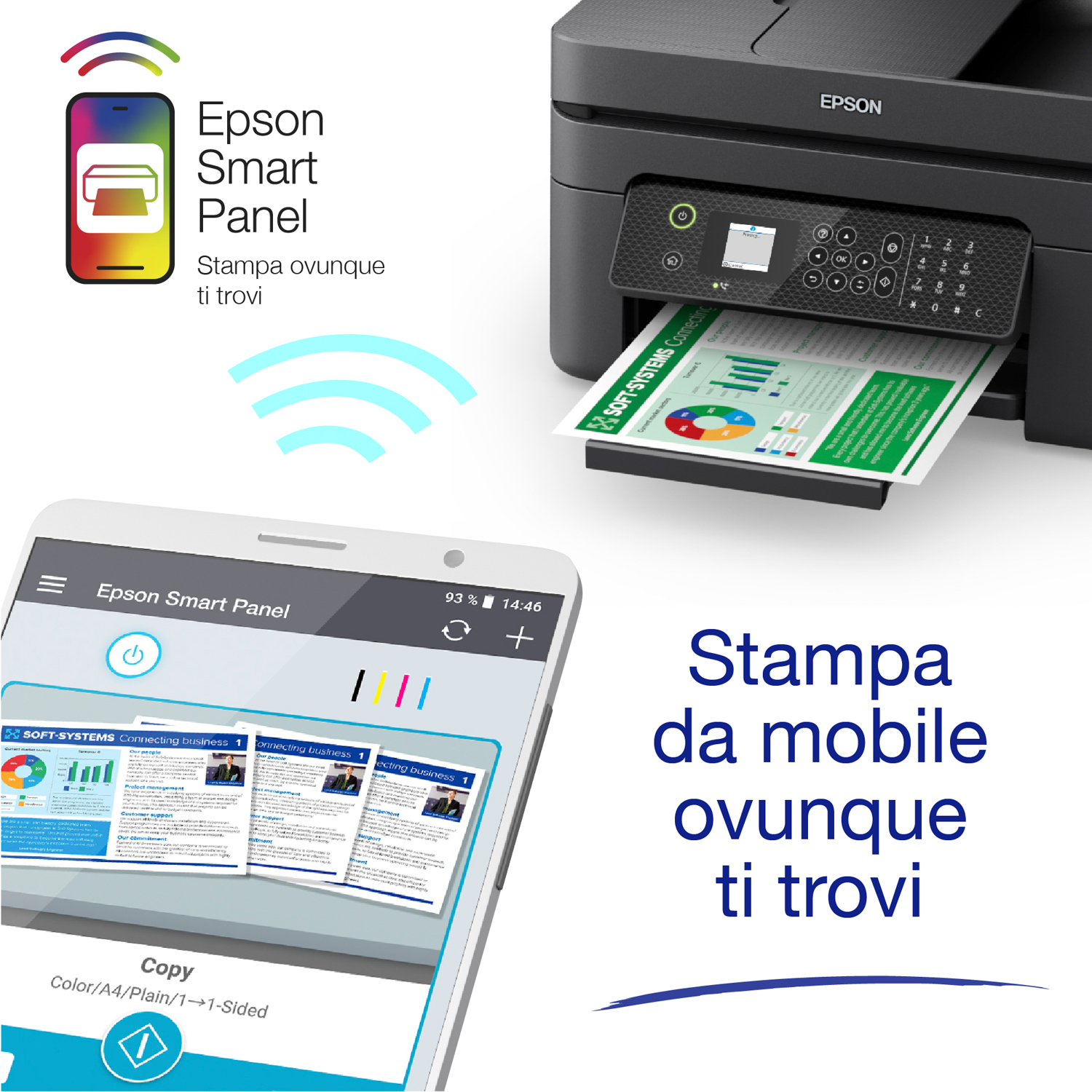 Stampante accanto a un telefono che mostra un documento stampato. Testo in italiano.
