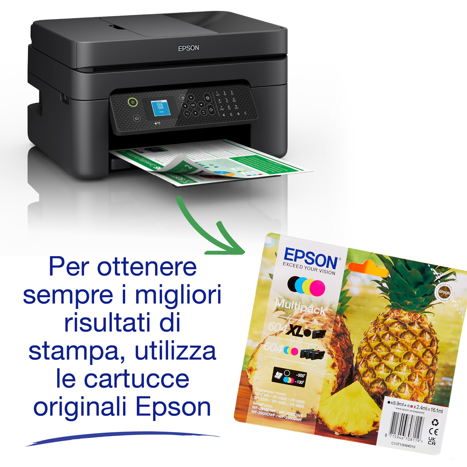 Una stampante Epson con una cartuccia e testo che enfatizza le cartucce originali Epson.