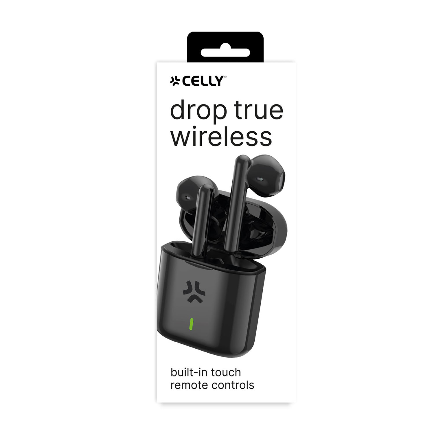 Auricolari wireless neri in una custodia di ricarica con la scritta 'drop true wireless'. Controlli remoti touch integrati.