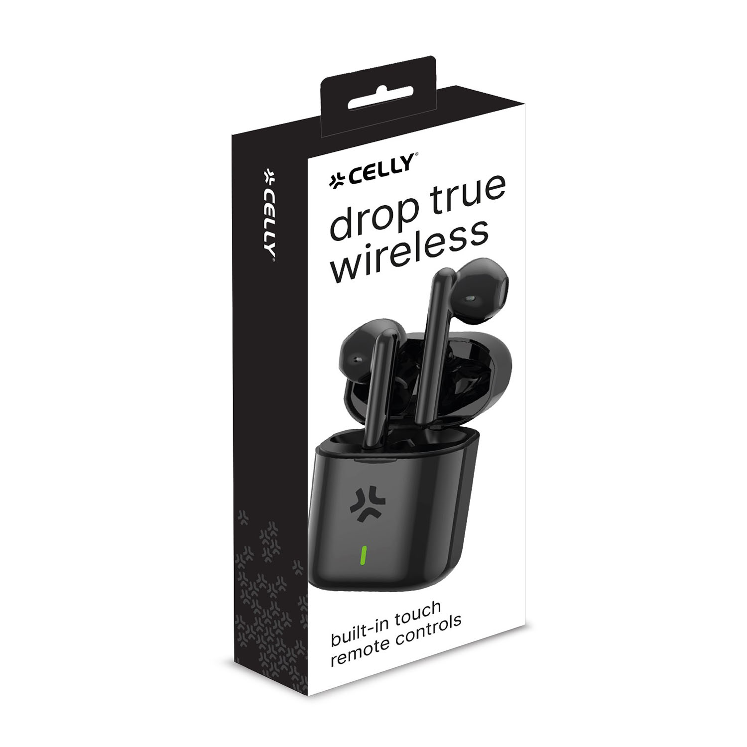 Una scatola nera di auricolari Celly Drop true wireless, con auricolari e custodia di ricarica.