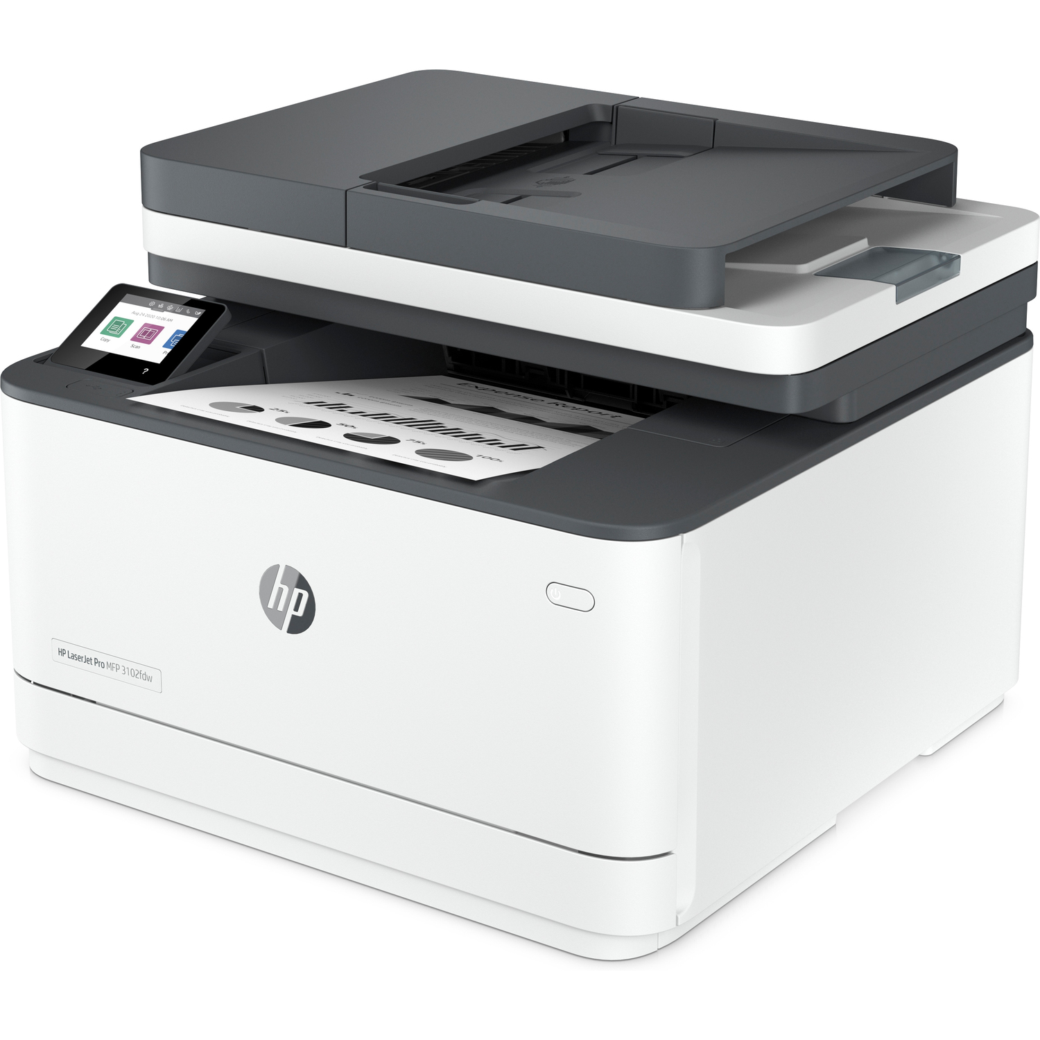 White and dark gray HP printer. The printer is shown with a document on the scanner bed.