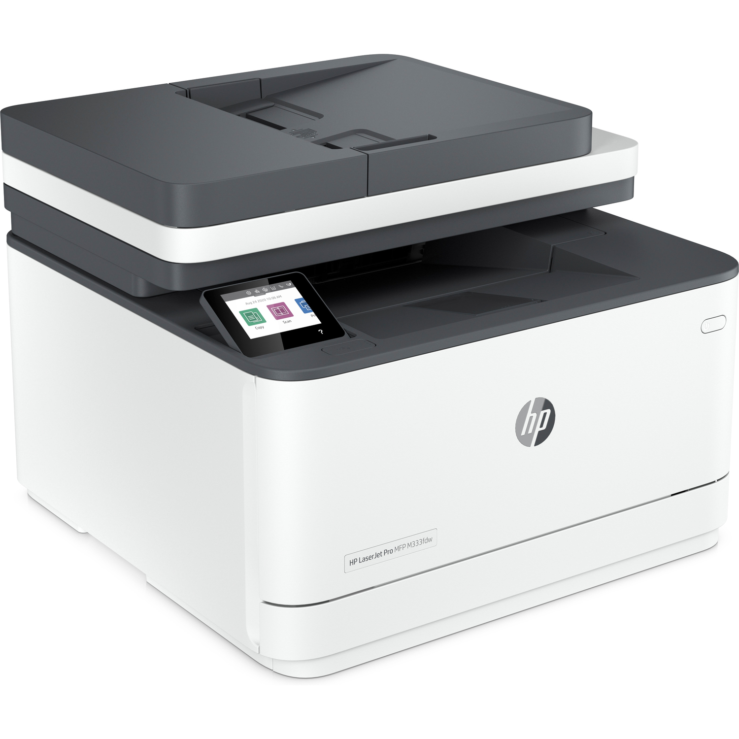 A white and gray printer with a touch screen and a top scanner. The brand is HP.