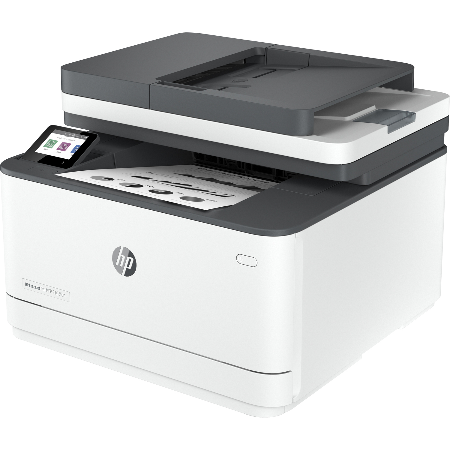 White and gray HP printer with a screen and a printed document on it.