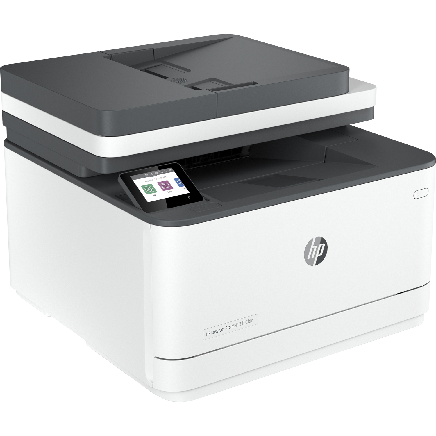 White and gray printer. A screen is on it. HP Laser Jet Pro is written on it.
