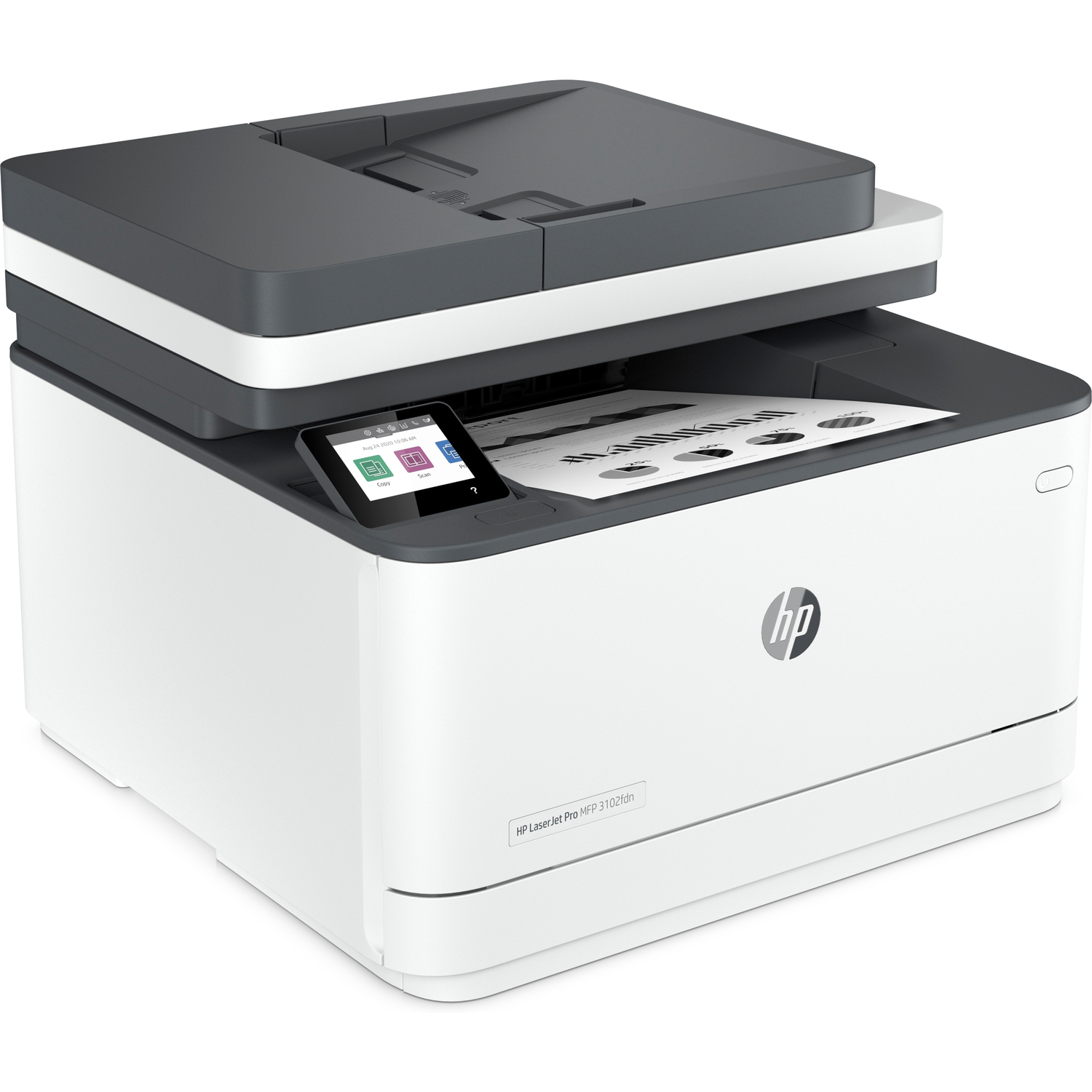 HP Laserjet Pro printer. White and gray, open top, display, white paper with black text.