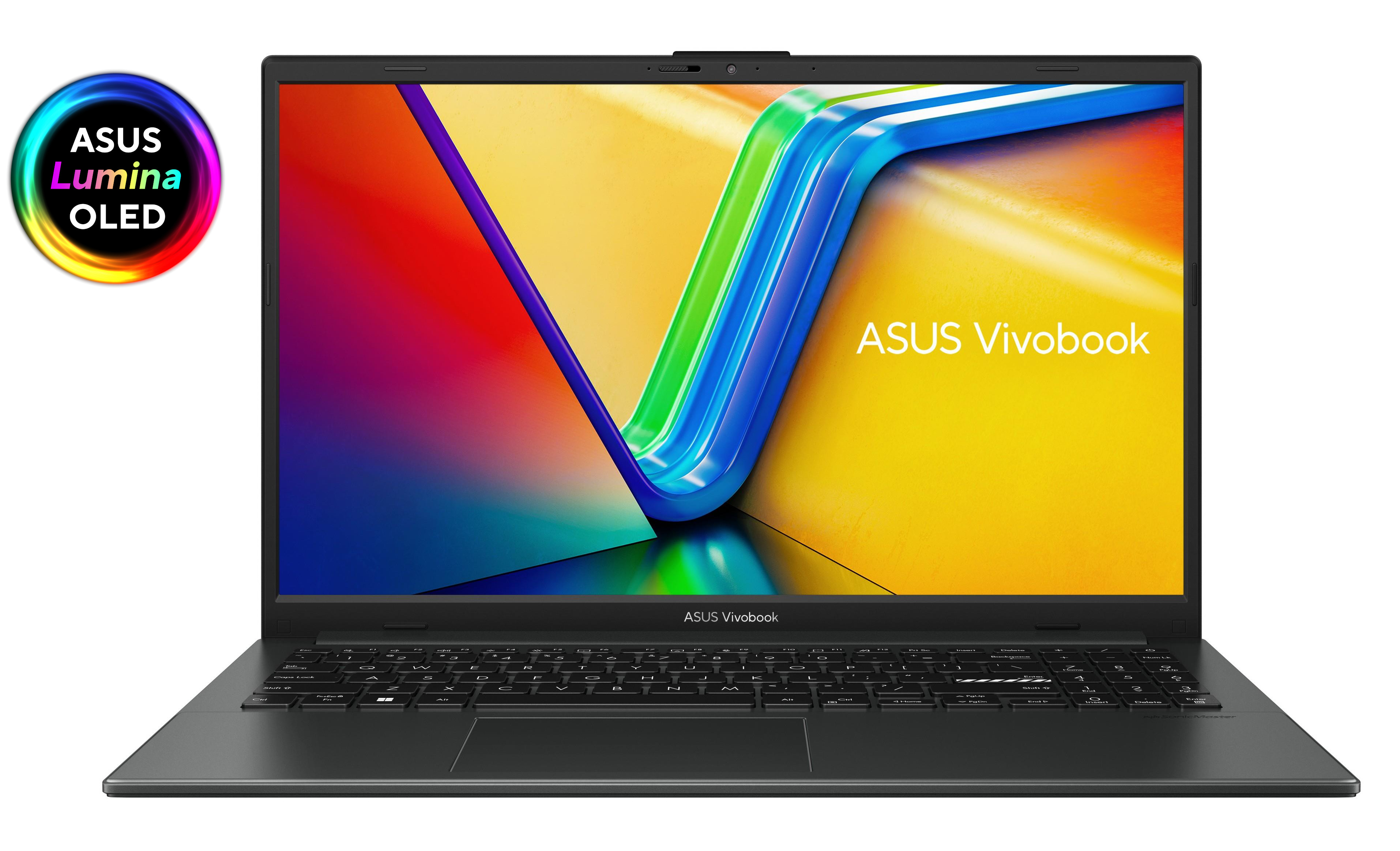 Laptop Asus Vivobook, otwarty, z kolorowym ekranem i logo Asus Lumina OLED.