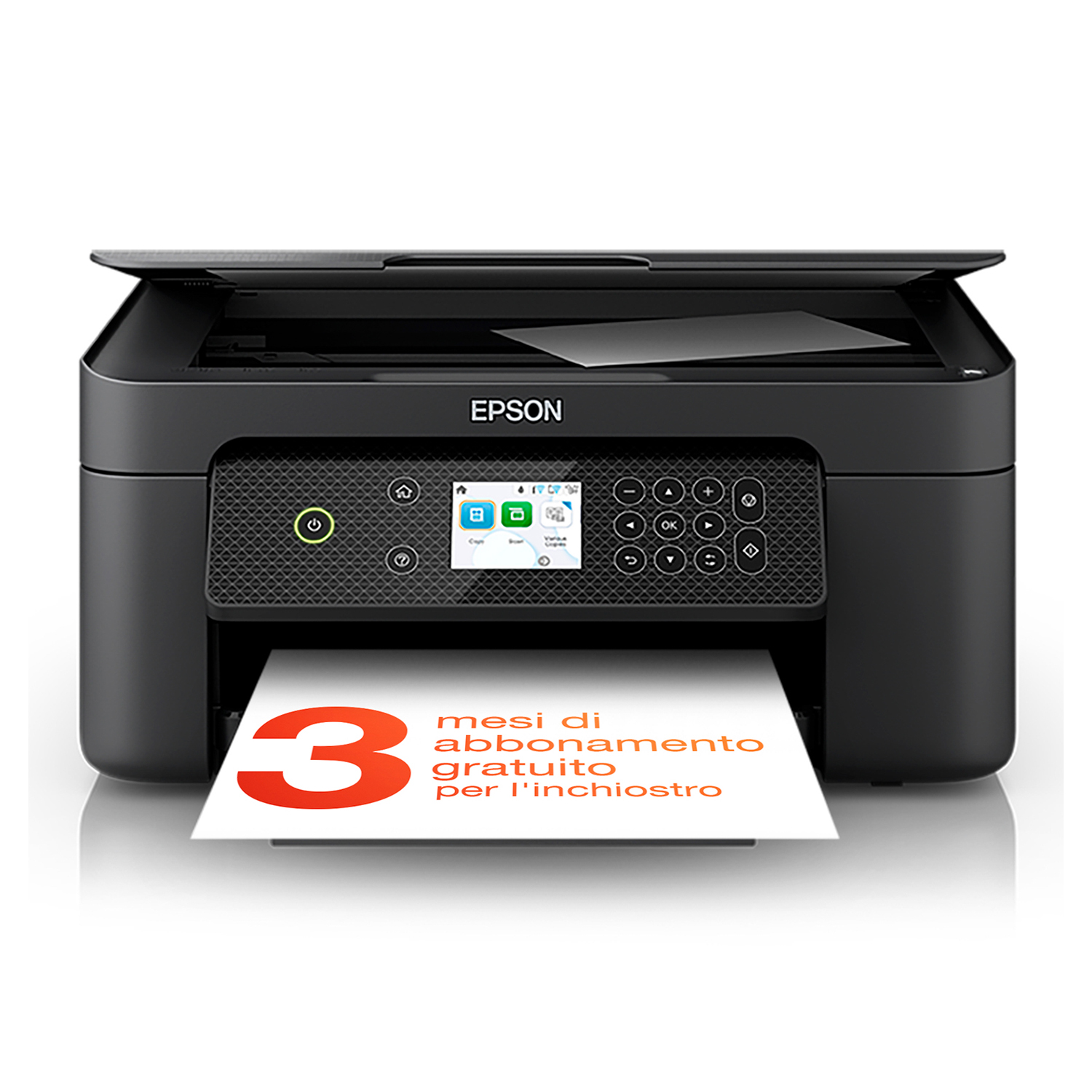 Stampante Epson nera con un foglio di carta che mostra testo e numeri, su sfondo bianco.