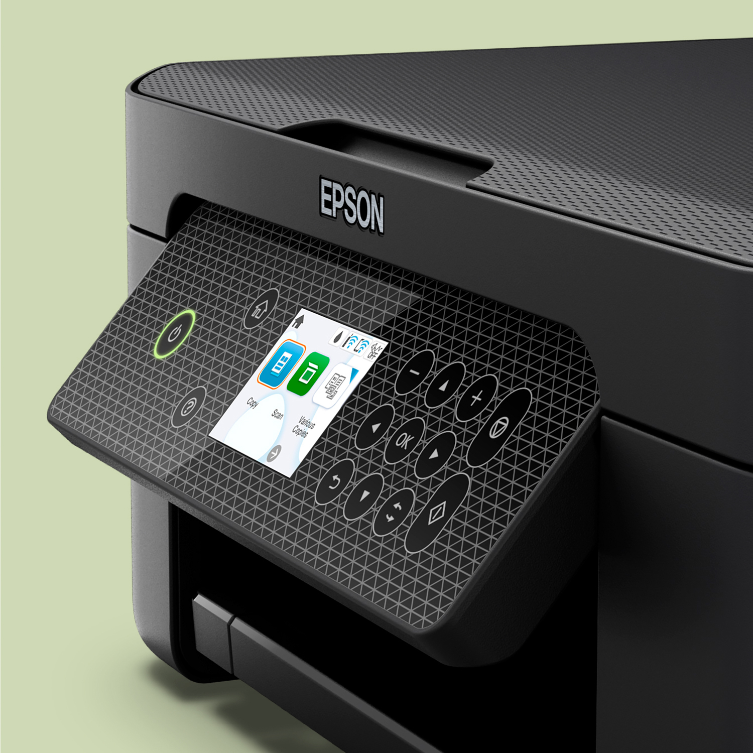 Primo piano dello schermo di una stampante Epson nera con pulsanti.