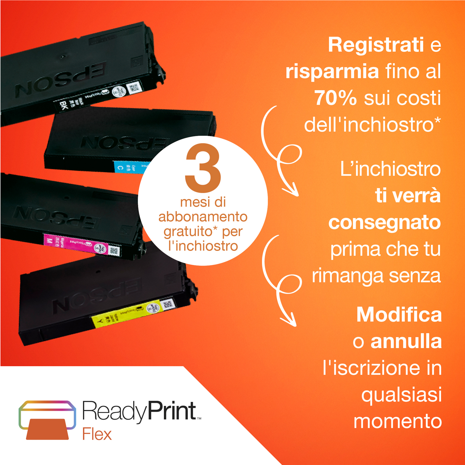 Cartucce d'inchiostro Epson con testo sui risparmi e promozione ReadyPrint Flex.
