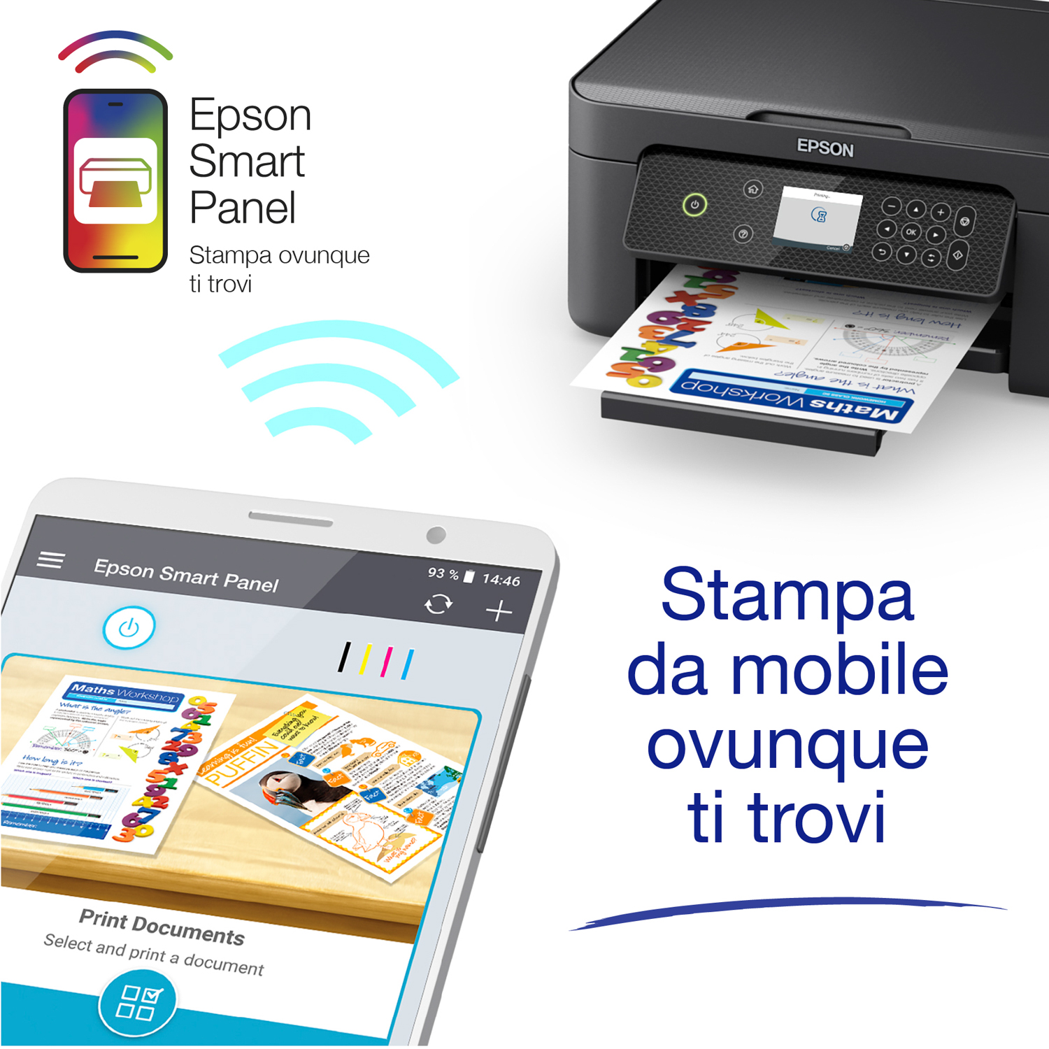 Uno smartphone con un'app e una stampante con documenti stampati. L'app è Epson.