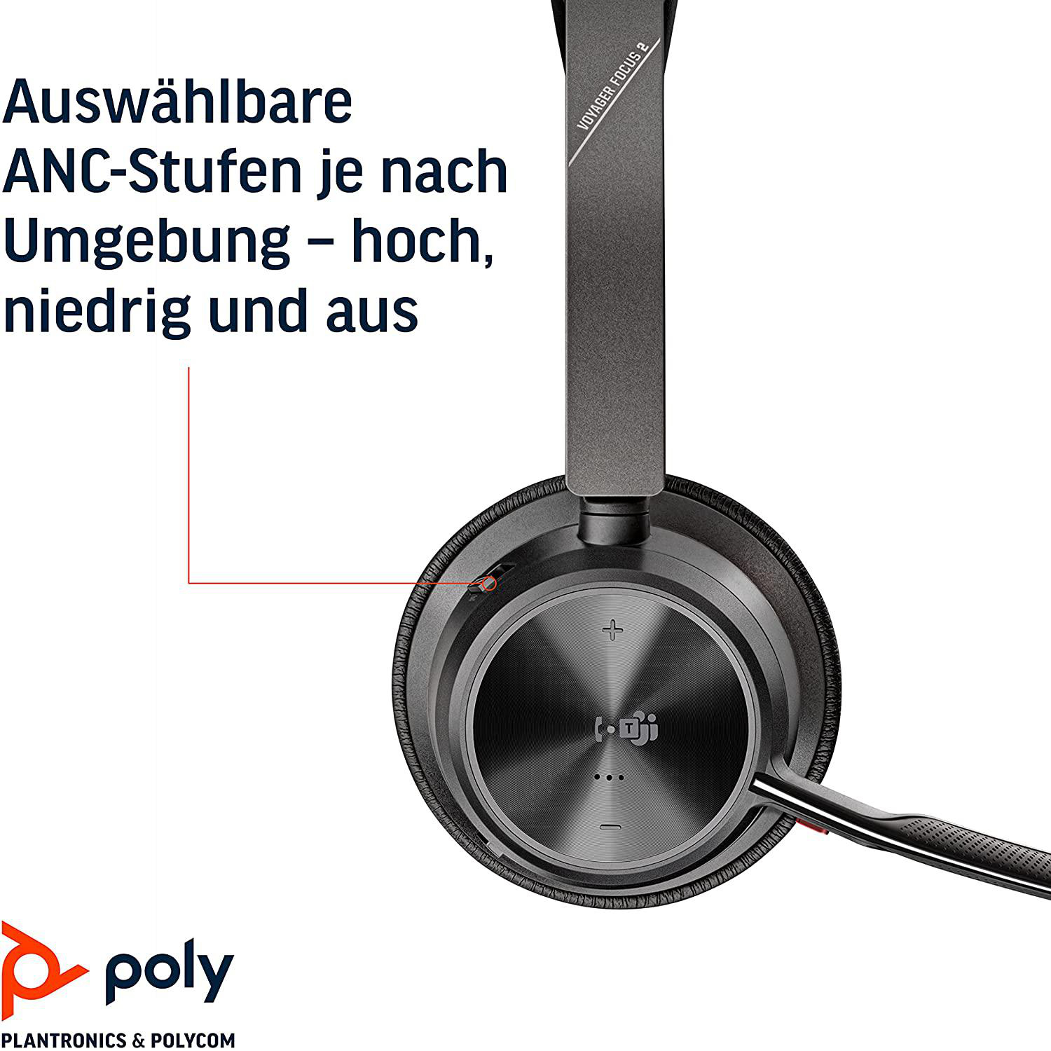 Ein schwarzes Headset mit Mikrofon, das ANC-Pegel zeigt: hoch, niedrig und aus.