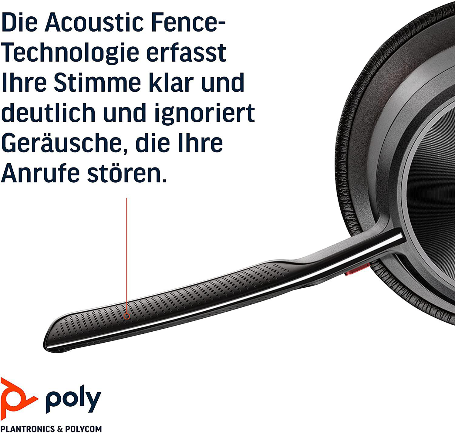 Nahaufnahme eines schwarzen Kopfhörer-Ohrhörers. Text lautet 'Acoustic Fence Technology'.