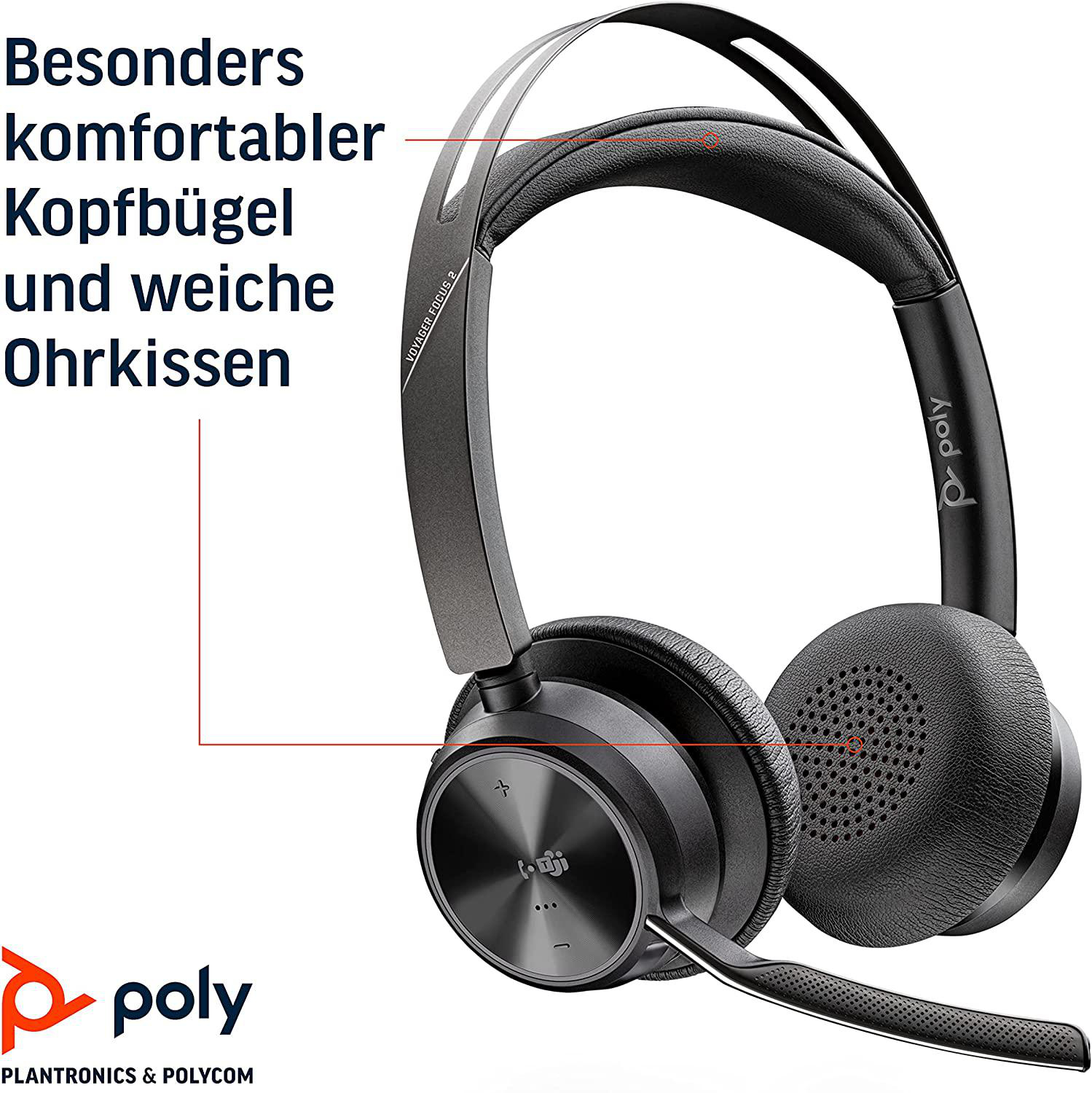 Schwarzes Headset mit Mikrofon. Text: Bequemes Kopfband und weiche Ohrpolster.