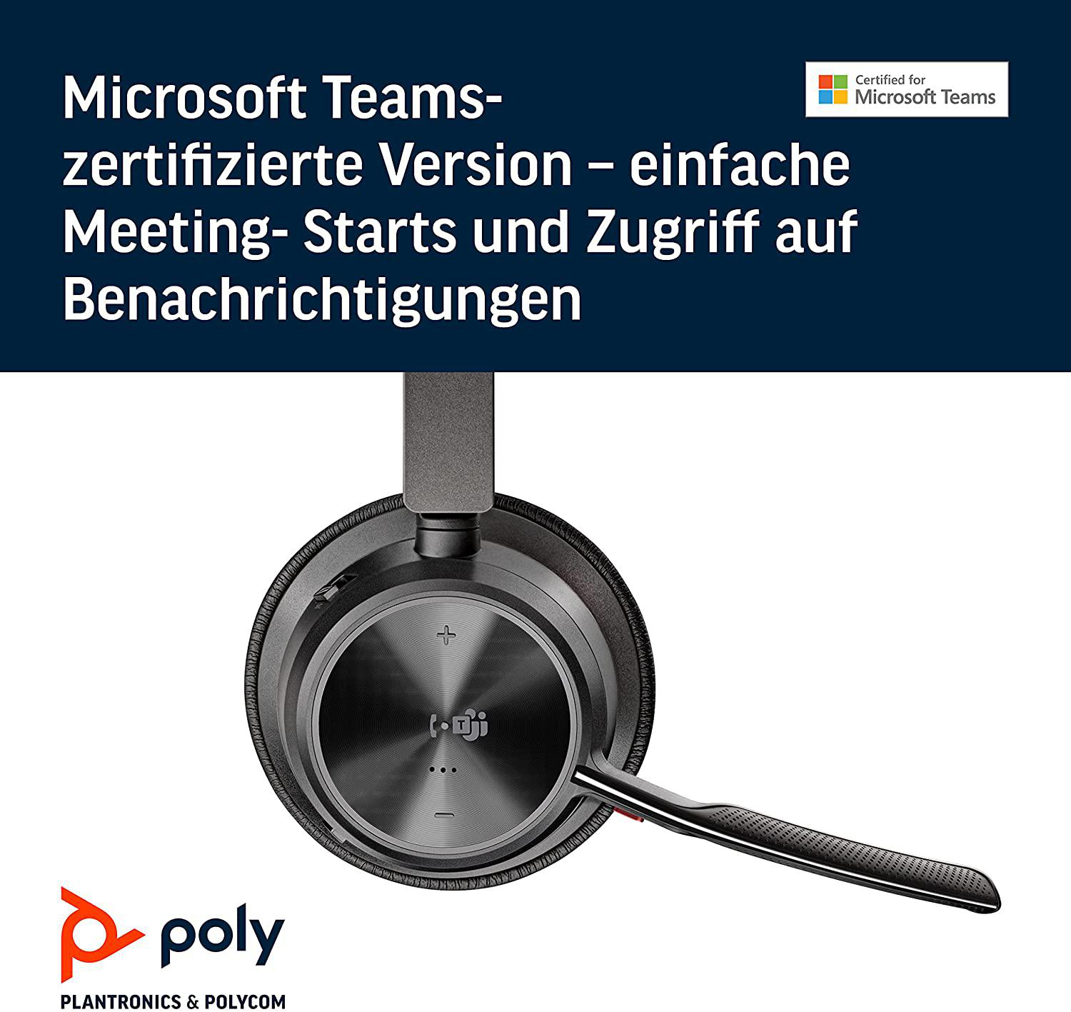 Ein Headset mit Mikrofon, dem Logo Poly und Text zur Microsoft Teams-Zertifizierung.