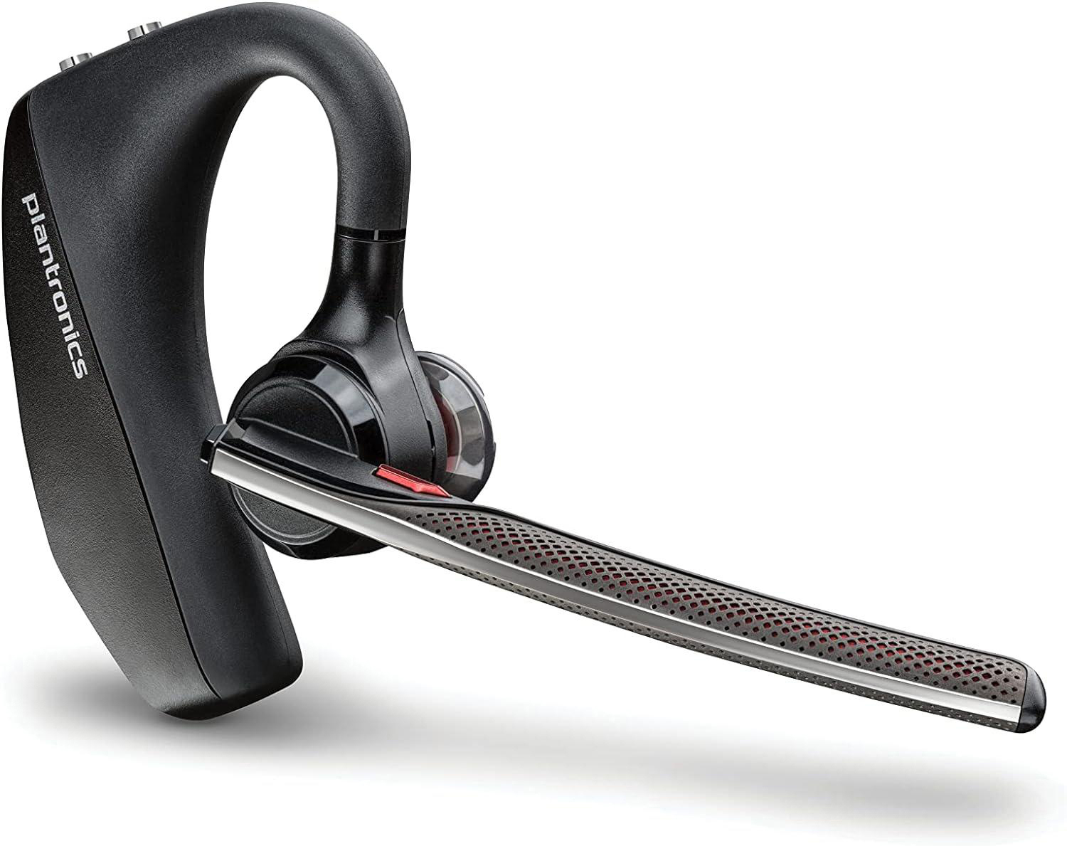Schwarzes Plantronics Bluetooth-Headset mit Mikrofonarm, abgewinkeltem Design und Plantronics-Logo.
