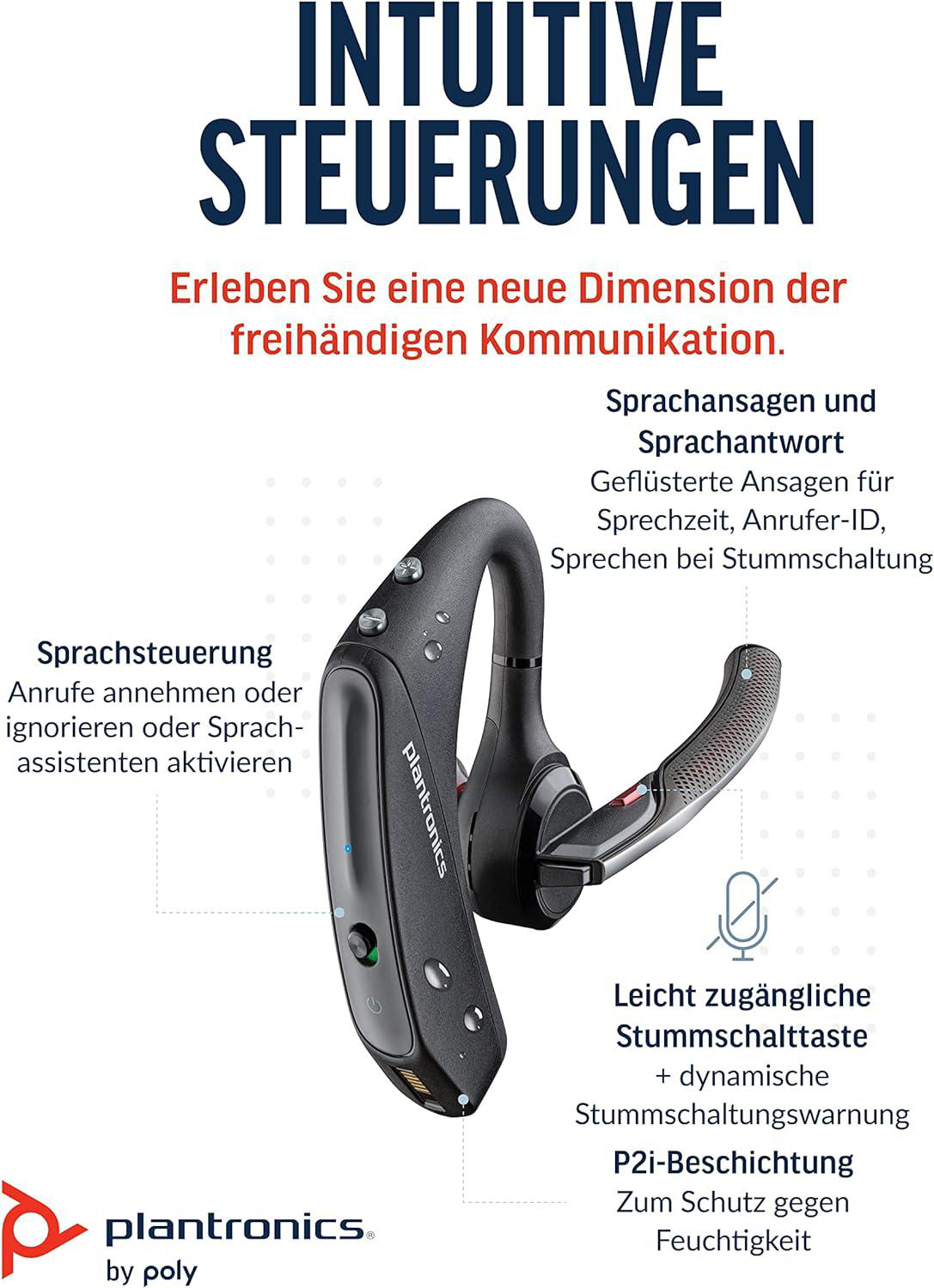 Schwarzes Plantronics-Headset mit Textbeschriftungen, die Funktionen veranschaulichen. Weißer Hintergrund mit Mikrofon-Symbol.