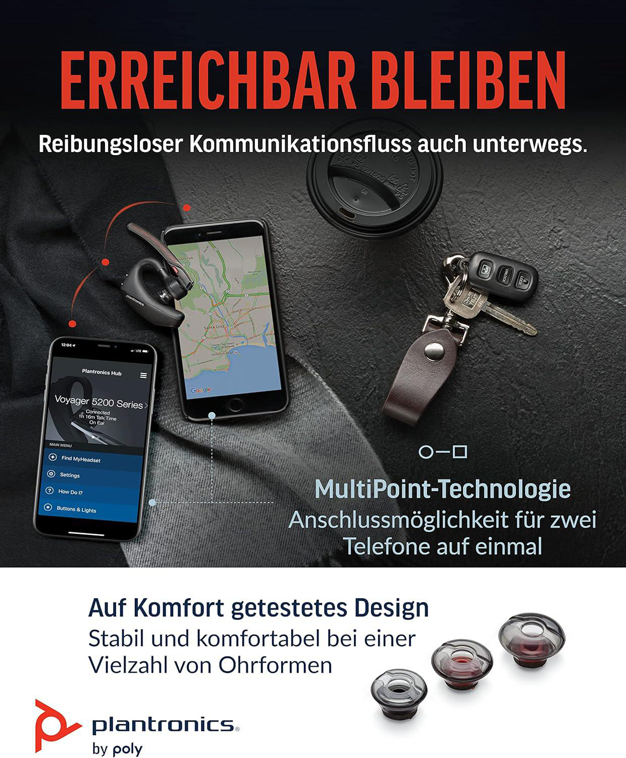 Ein schwarzes und graues Plantronics-Headset, Telefone und Schlüssel auf dunkler Oberfläche.