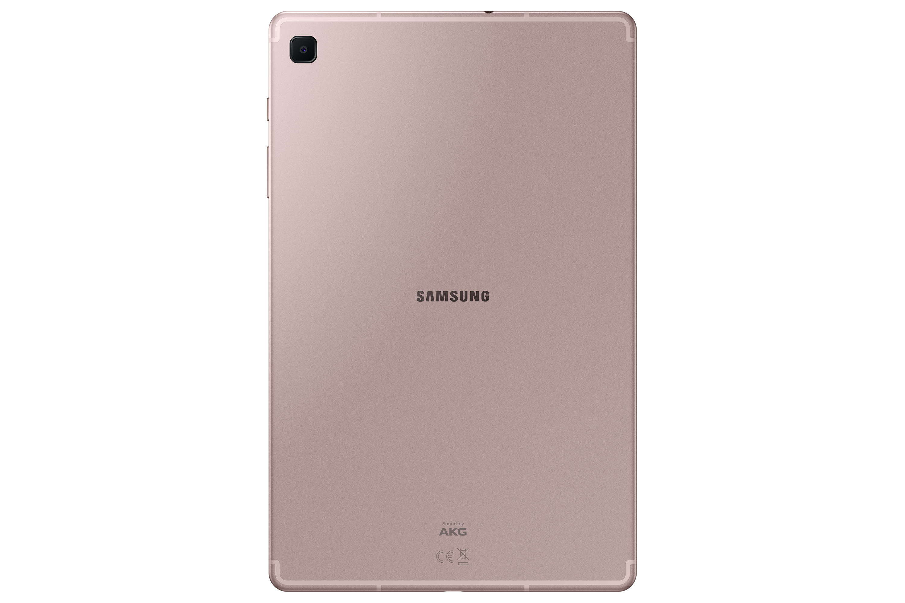Gül altın rengi tablet, arka görünüm. Samsung logosu ortada. Kamera merceği görülebilir.