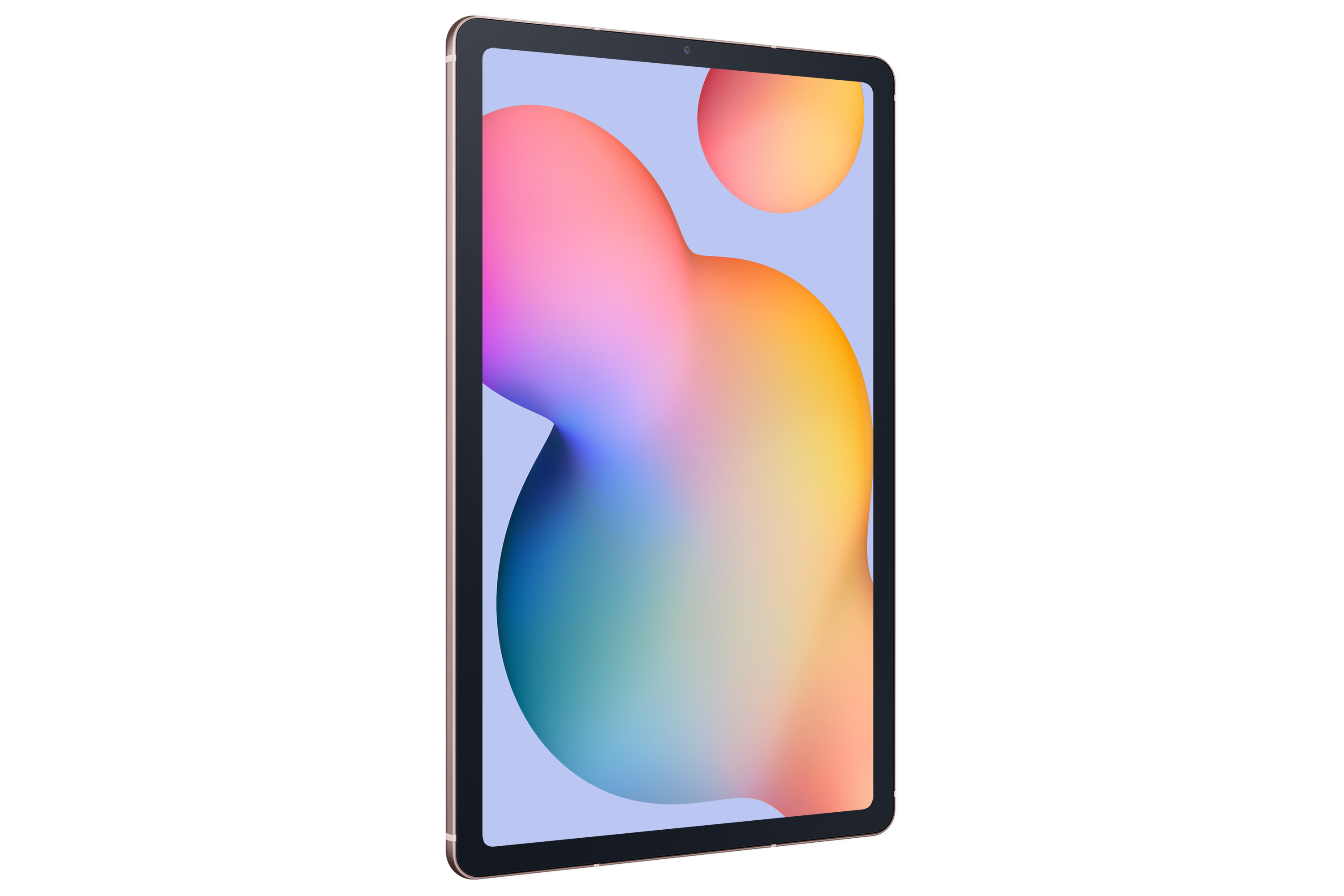 Renkli, soyut bir arka plana sahip tablet. Tablet gül altın rengi. Yan görünüm, siyah arka plan.
