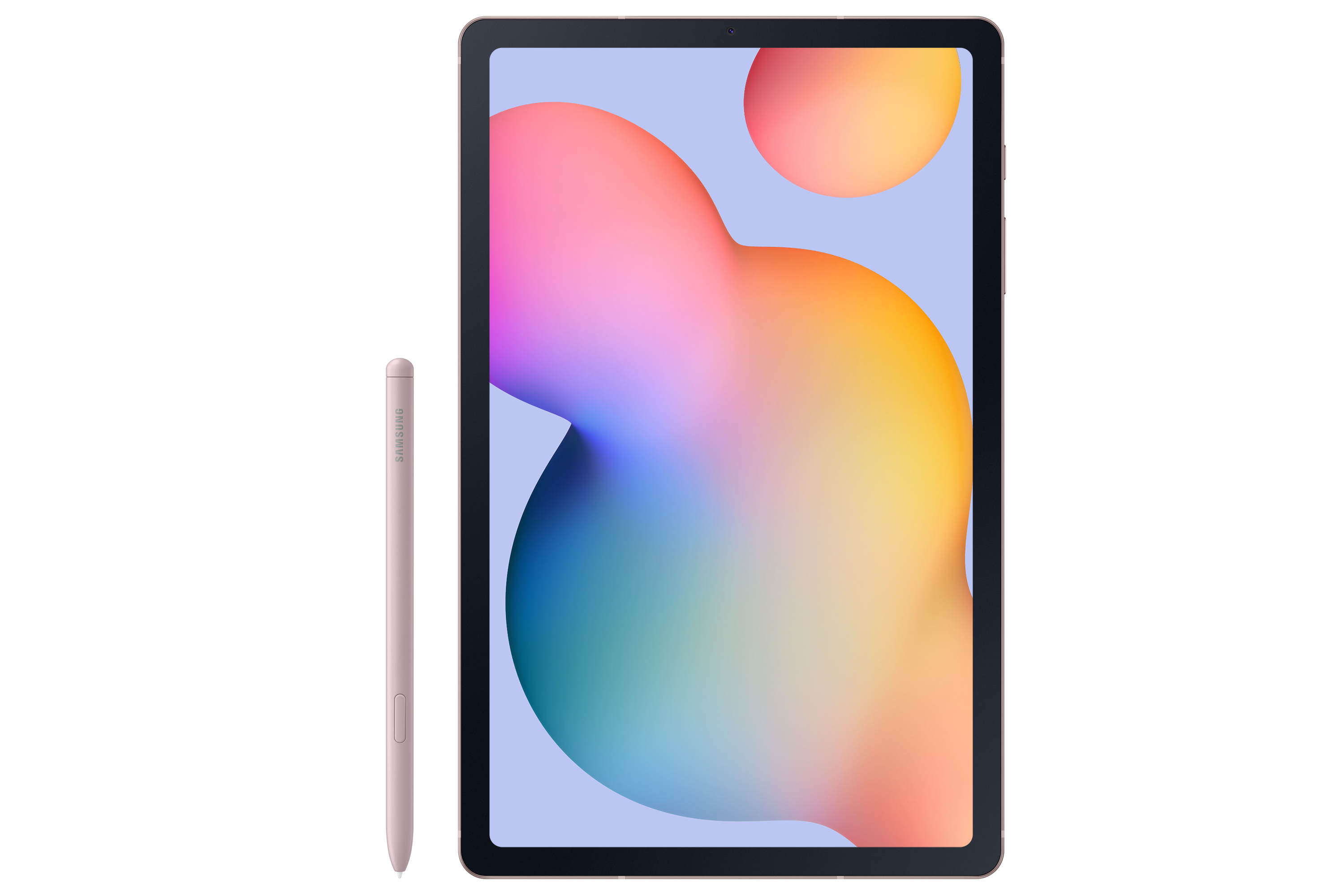 Bir tablet bir kalemle gösteriliyor. Ekran soyut pembe ve turuncu şekiller gösteriyor.