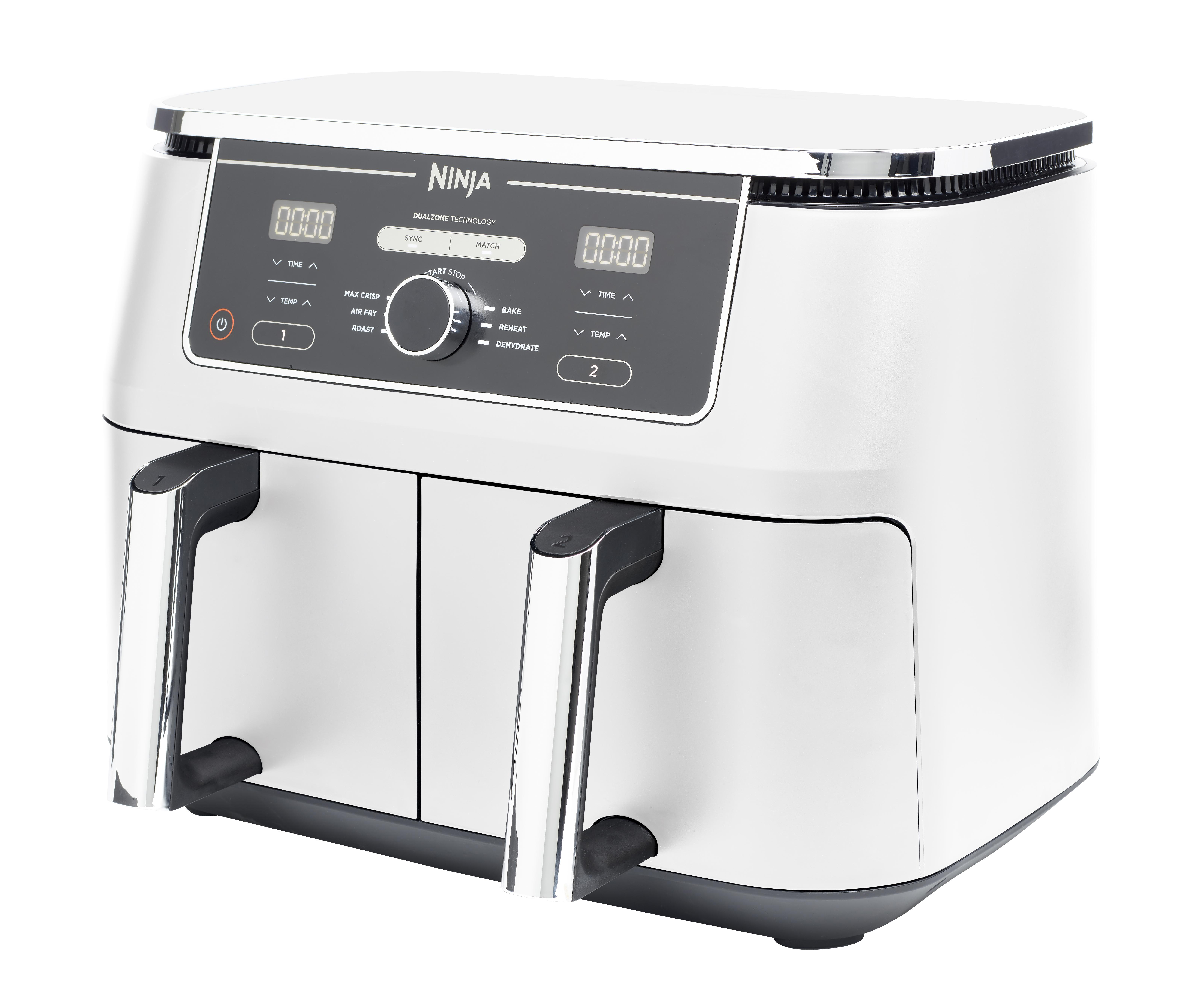 Weißer Ninja-Airfryer mit zwei Fächern und Bedienfeld.