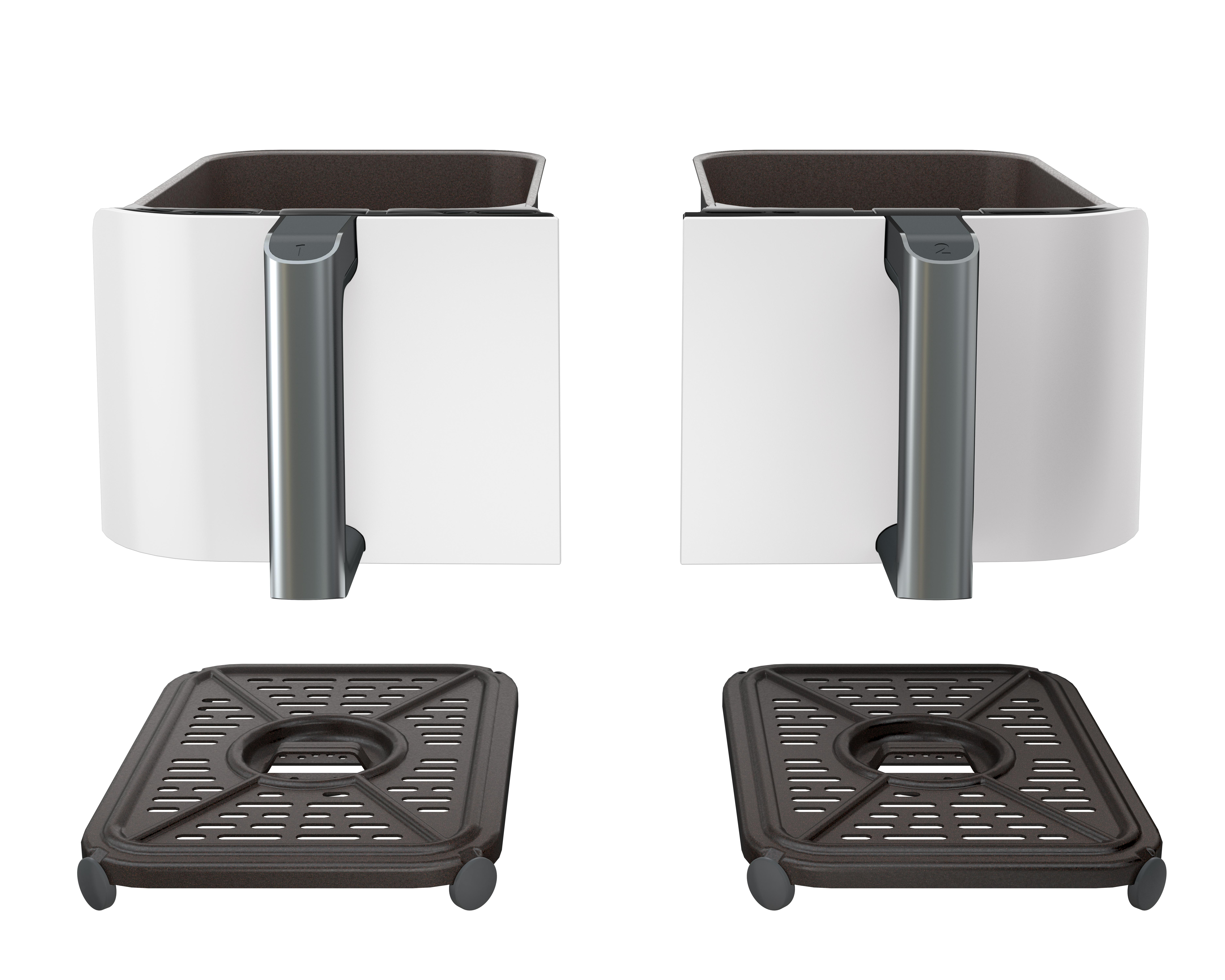 Zwei weiße Heißluftfritteusen mit schwarzen Griffen und zwei schwarzen Grillplatten.