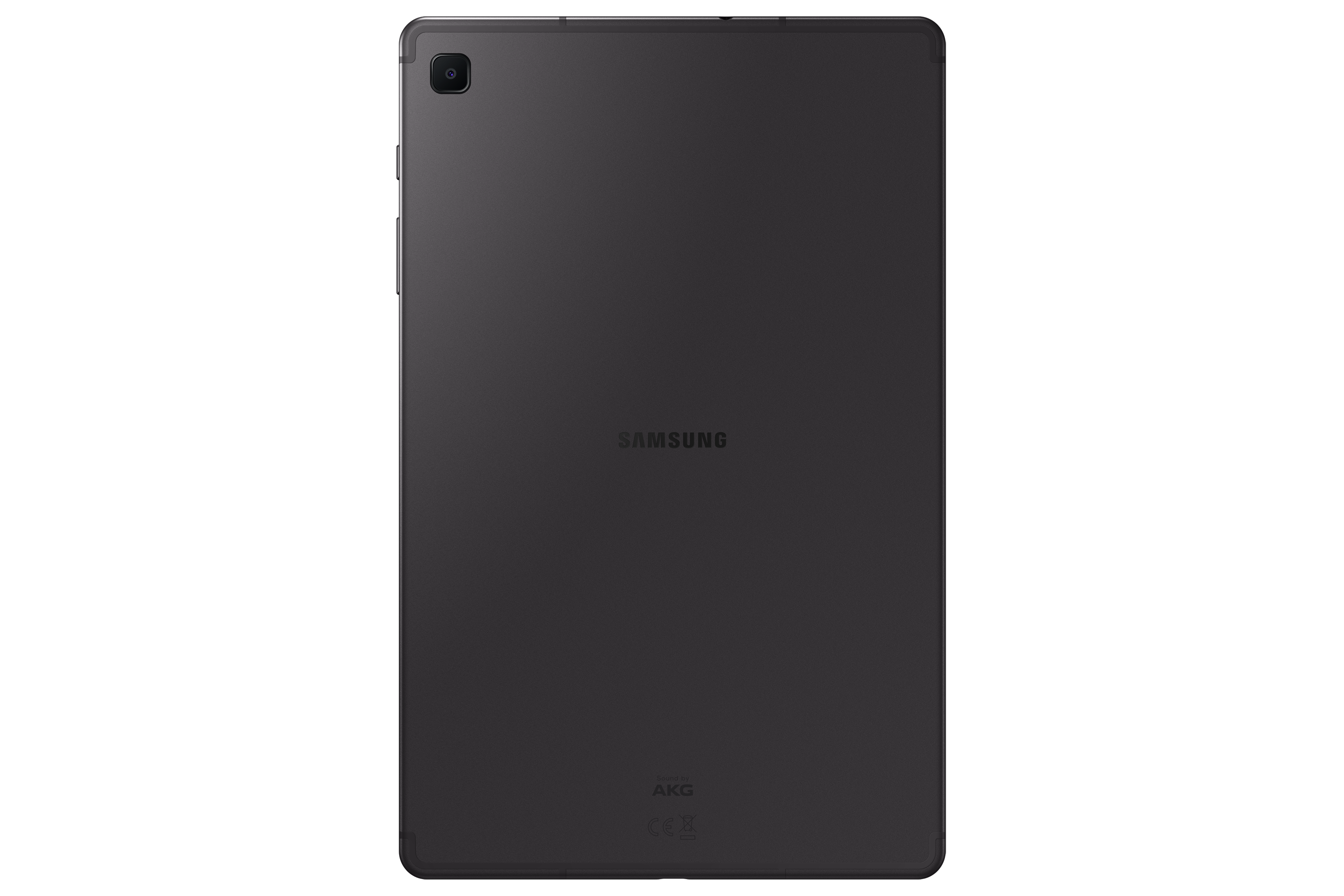 Tablet arkası, koyu gri, Samsung logosu ve kamera ile.
