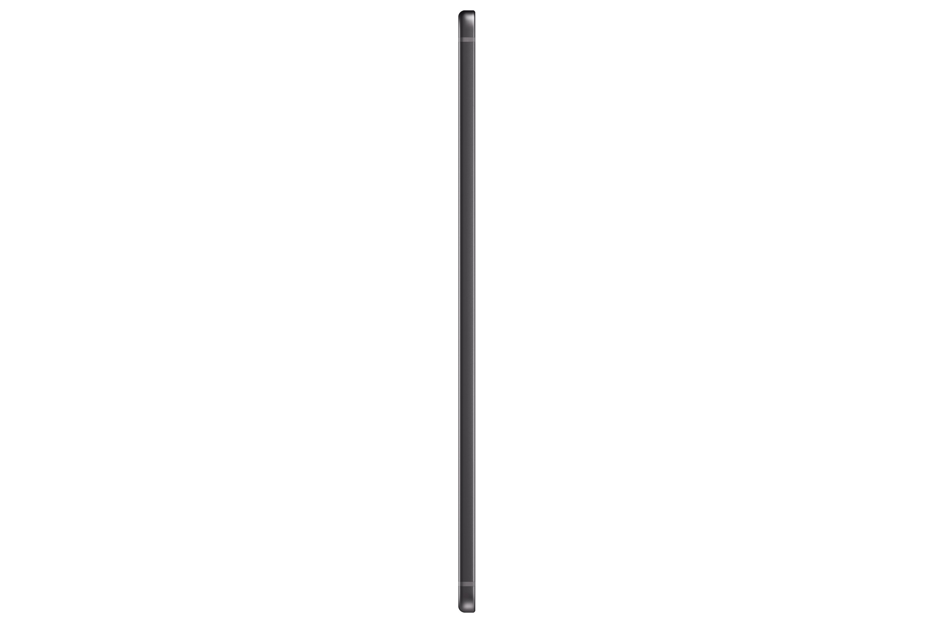 Siyah arka plan üzerinde ince, gümüş bir tablet. Tablet yandan görülüyor.