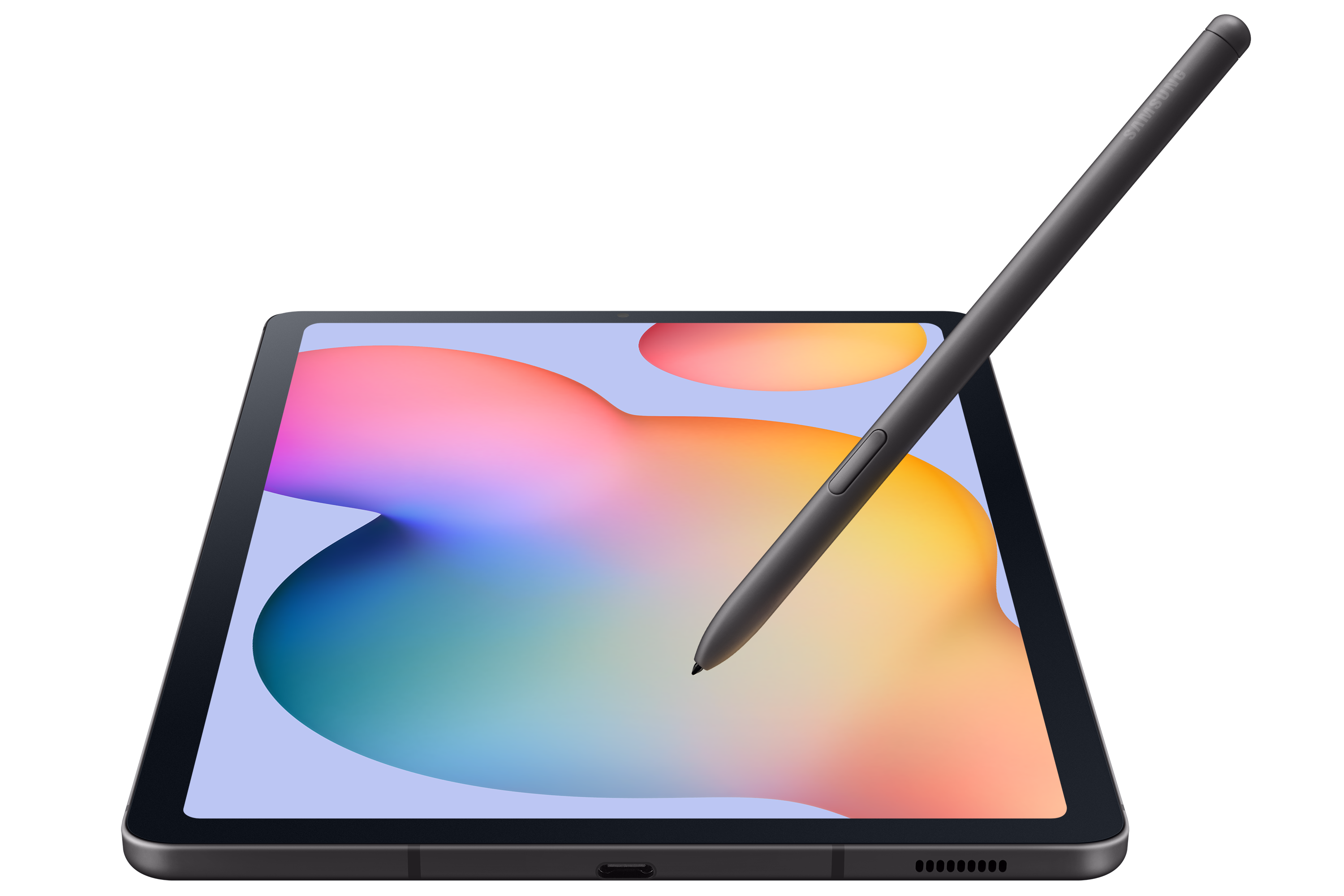 Bir kalemle bir tablet. Tablet, açık mavi ekranlı siyahtır. Kalem siyahtır.