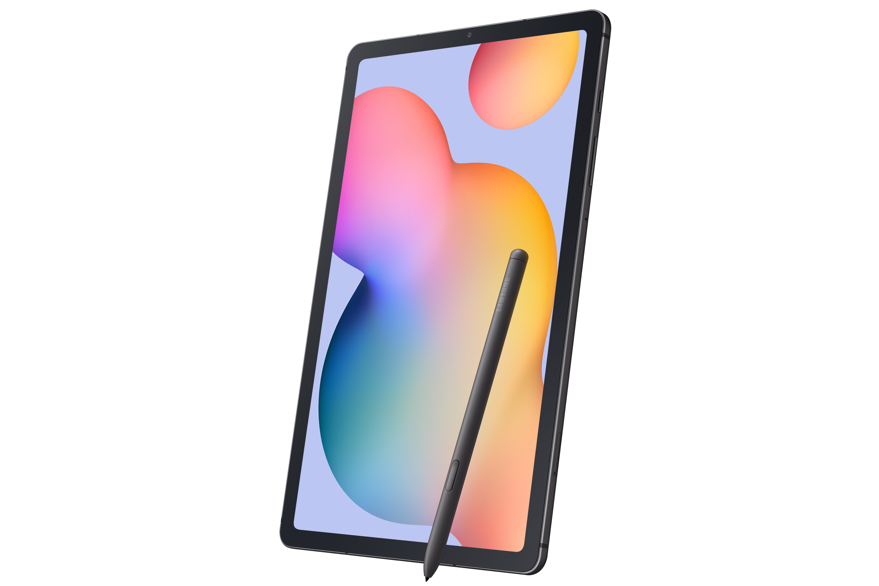 Siyah bir arka plan üzerinde renkli bir ekranla, bir kalemle açılı bir tablet.