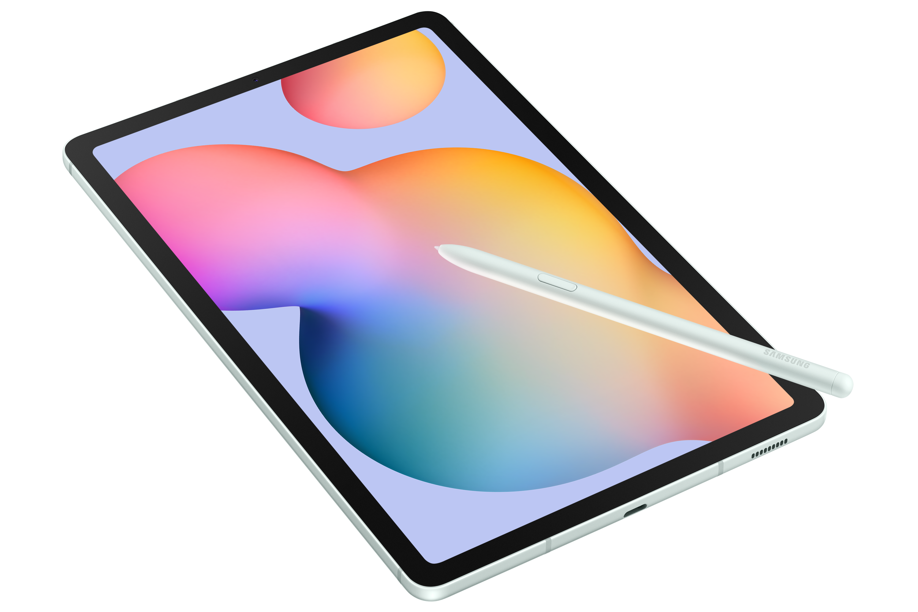 Stiluslu tablet, siyah zemin üzerinde eğik, açık mavi ekranlı.