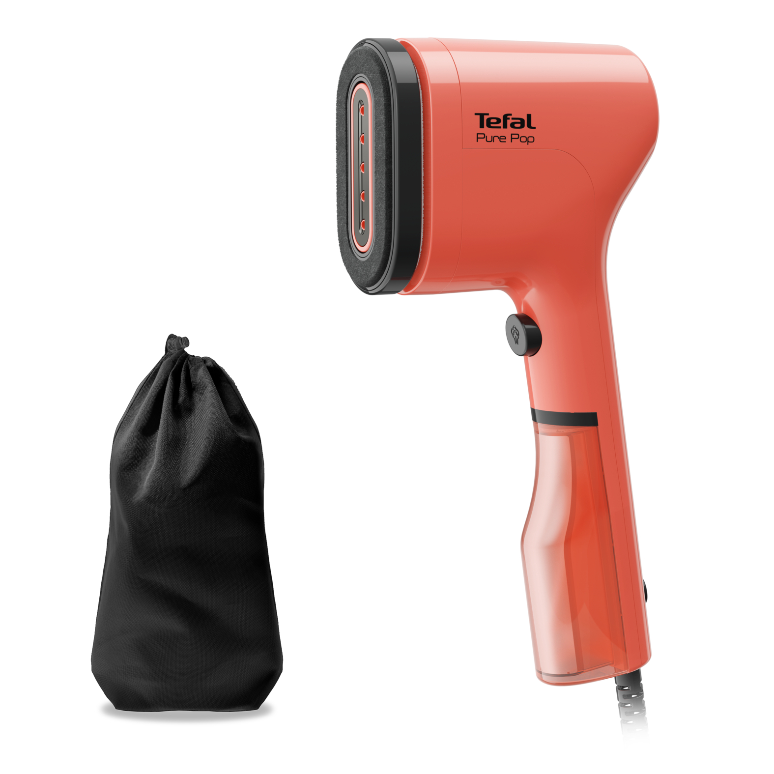 Narancs Tefal Pure Pop gőzölő és fekete tárolótáska.