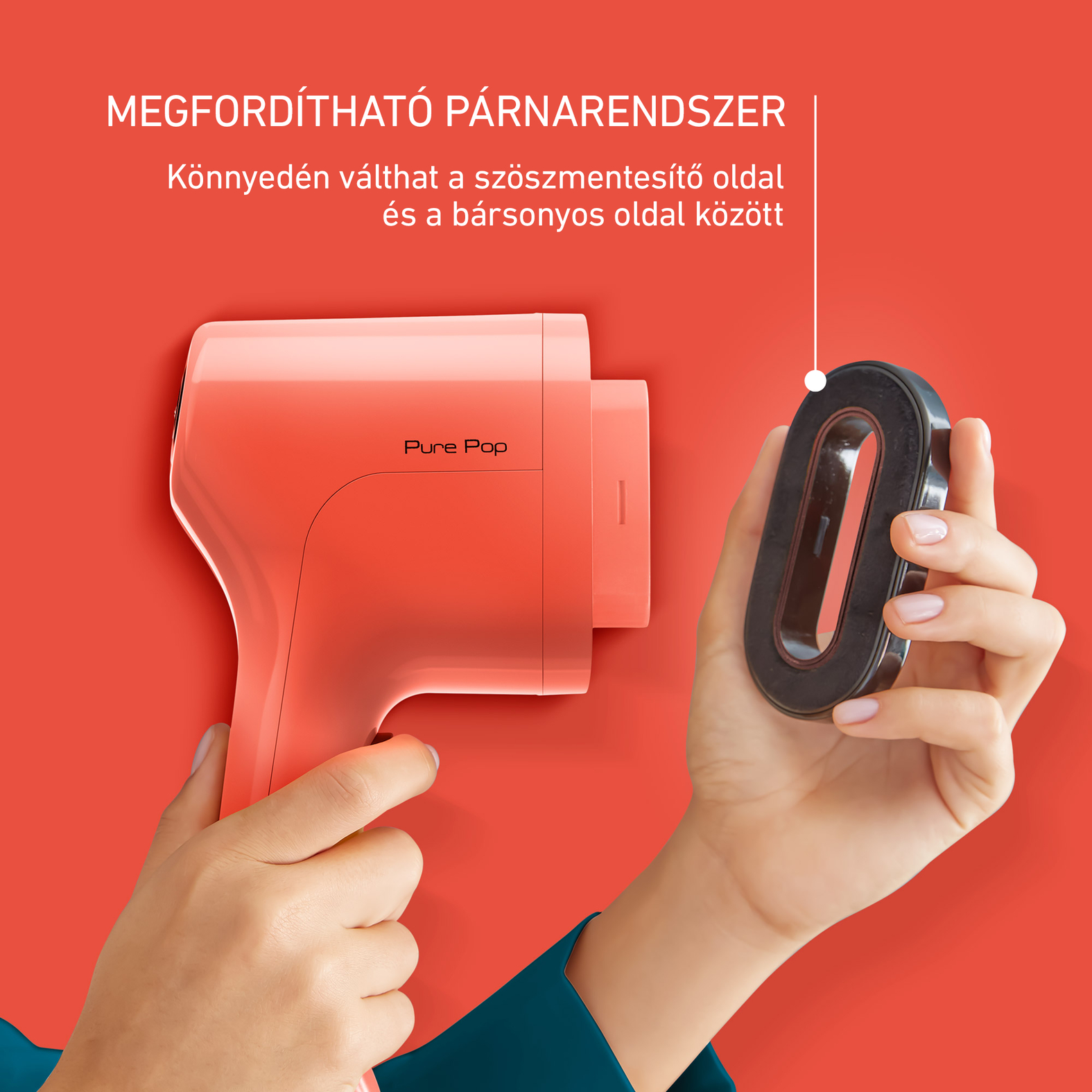 Rózsaszín hajszárító: Termékfotó egy rózsaszín hajszárítóról fekete tartozékkal.