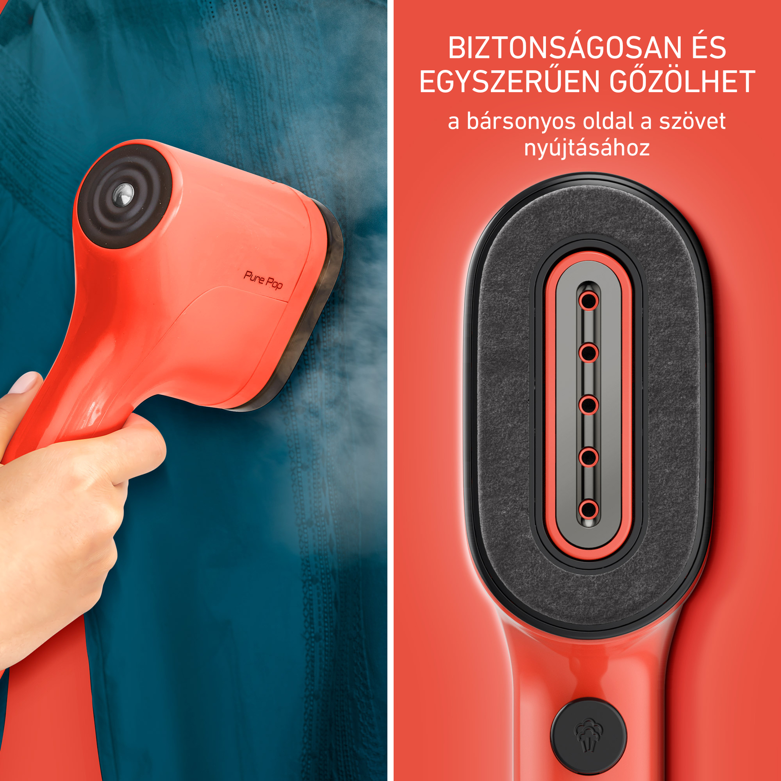 Egy piros Pure Pop gőzölő kék anyagot gőzöl. Jobbra a gőzölő feje.