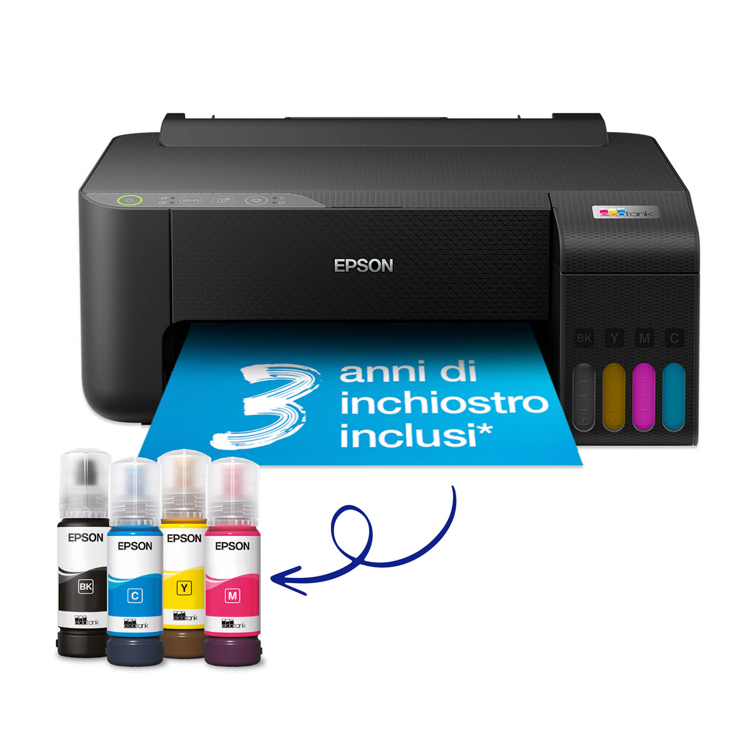 Stampante Epson nera con bottiglie di inchiostro e banner "3 anni di inchiostro inclusi".