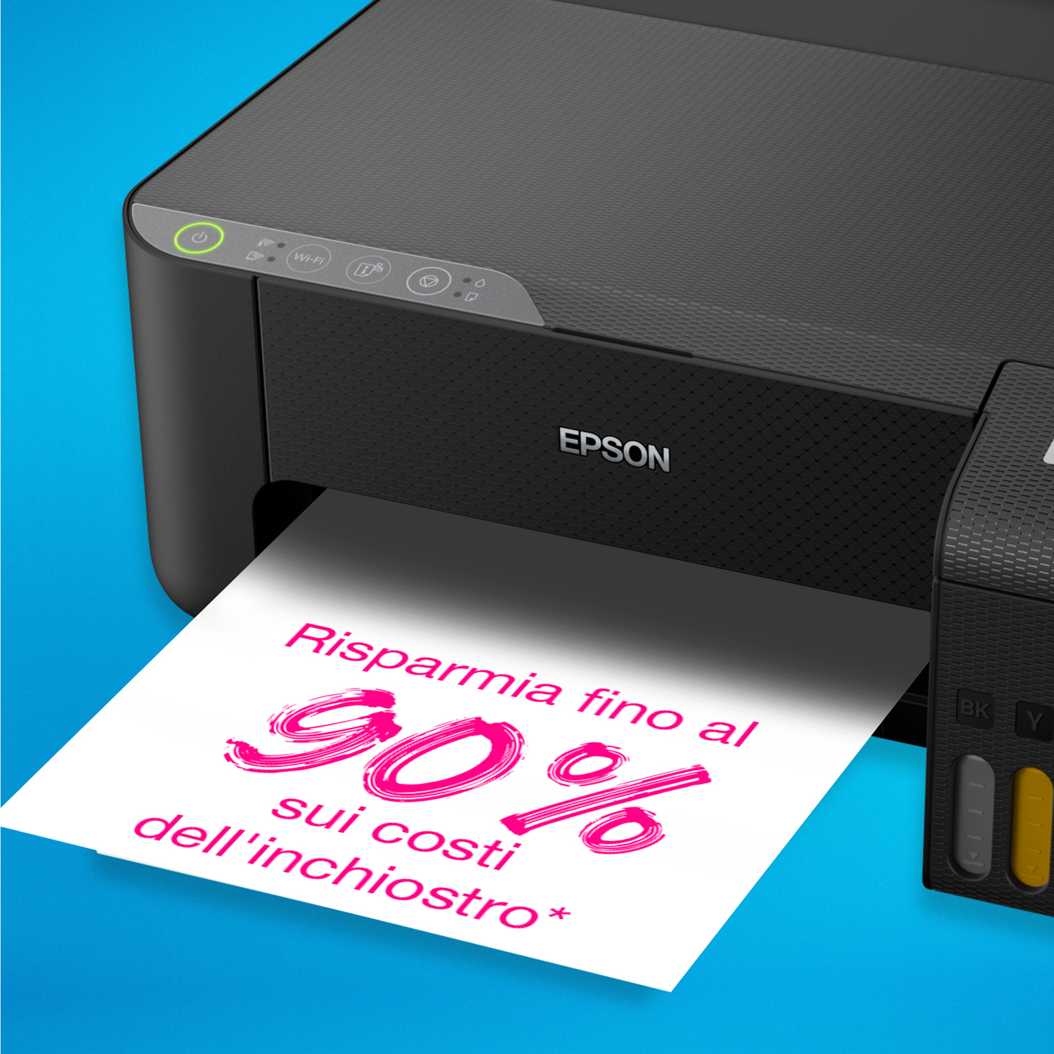 Stampante Epson nera che stampa un foglio con testo rosa.