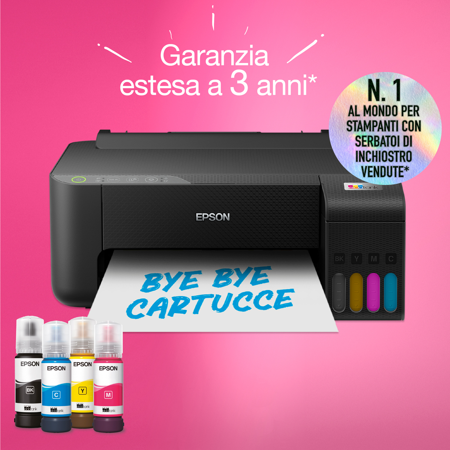 Stampante Epson con flaconi di inchiostro e testo. La stampante è nera. Sfondo rosa con testo.