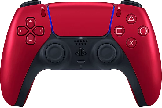 Piros PlayStation 5 vezérlő. A vezérlő gombokkal és központi PlayStation logóval rendelkezik.