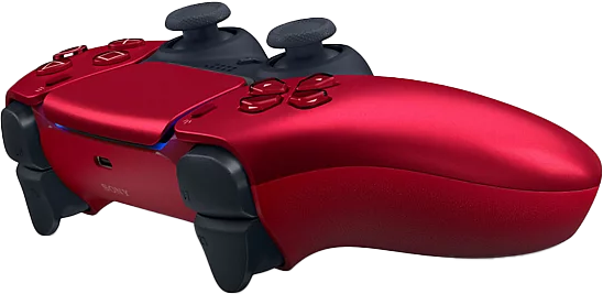 Piros PlayStation 5 vezérlő, fekete joystickokkal, fehér háttéren.