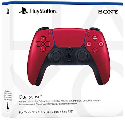 Egy piros-fekete Playstation Dualsense kontroller egy fehér dobozban szöveggel.