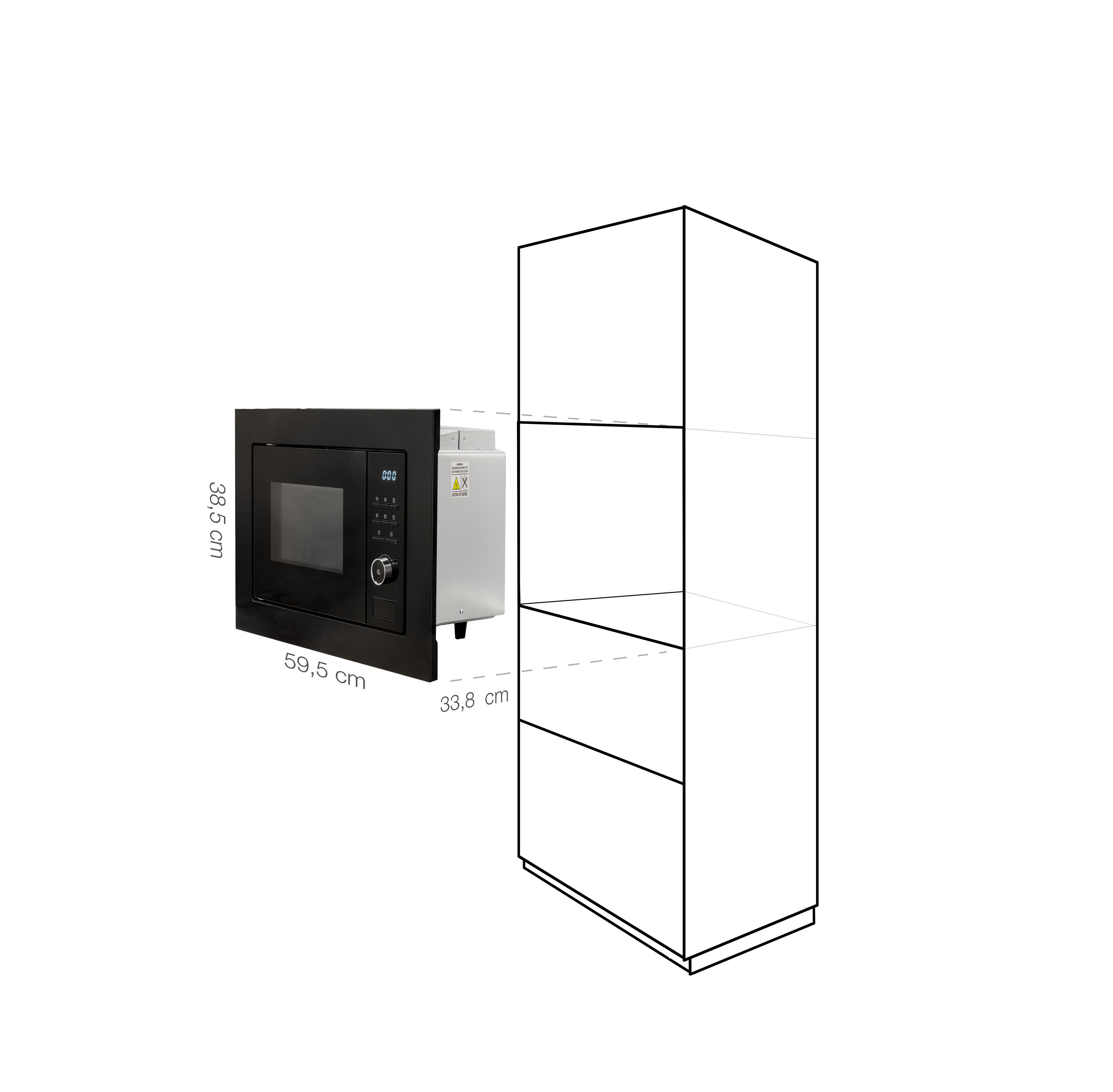 Eine schwarze Mikrowelle ist in einem Schrank eingebaut, mit Abmessungen.