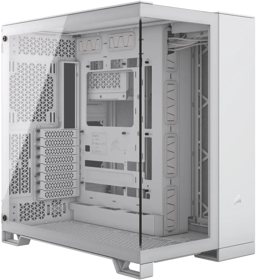 Weißes Computergehäuse mit Glas-Seitenwand, zeigt interne Komponenten und Layout.