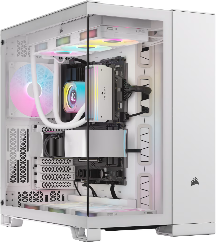 Weißes PC-Gehäuse mit Komponenten sichtbar hinter Glas.