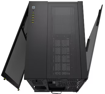 Draufsicht auf ein schwarzes Computergehäuse mit offenen Türen.