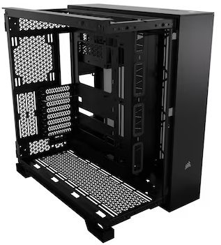 Ein schwarzes Computergehäuse wird offen gezeigt und zeigt die internen Komponenten.