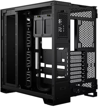 Schwarzes Computergehäuse, offen, mit Innenstruktur. Perforierte Seitenwände.