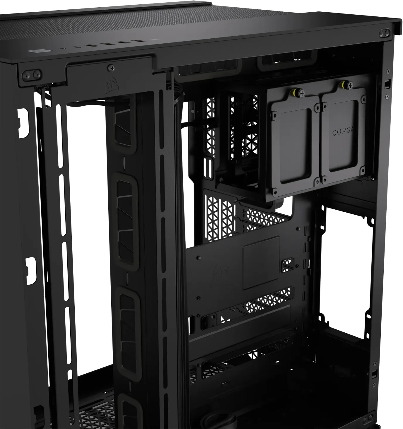 Computergehäuse-Innenraum. Schwarzes Open-Frame-Design. Montagepunkte sichtbar.