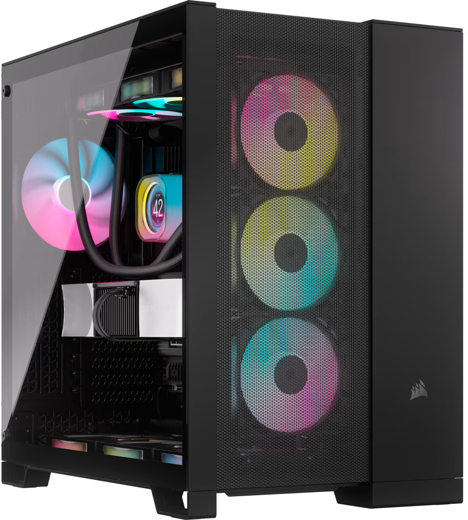 Computergehäuse mit internen Komponenten, beleuchtet mit Regenbogenlichtern und Lüftern.